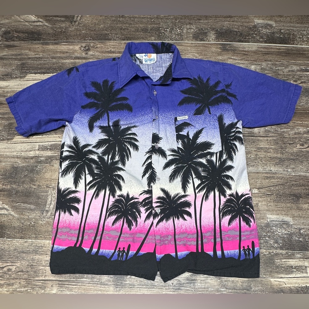 Vintage Windswept Bahamas Palm Tree Sunset Camp Shirt L - GUC